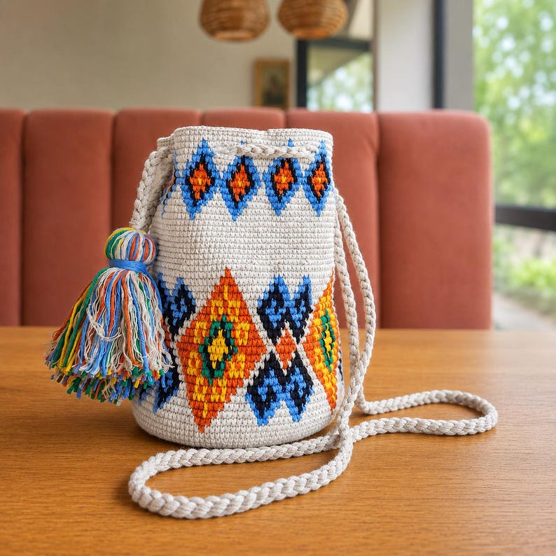 Mini crochet bucket bag in recycled cotton on wooden table
 Small cotton handbag with geometric pattern and tassel charm