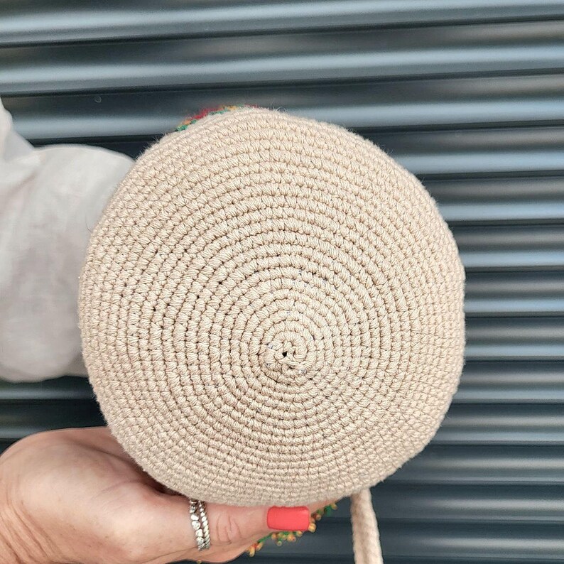 Ethnic Small Bucket Bag For Women- Ukrainian Drawstring Crossbody Purse Crochet from Recycled Yarn image 6