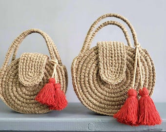 Round Jute Handbag, Crochet Top Handle Purse with Red Tassels