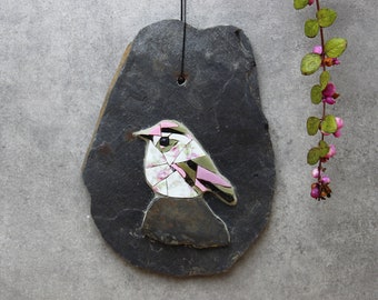 Mosaikvogel auf Schiefer, Wanddekoration zum Aufhängen, drinnen und draußen, Wandkunst, ROSA