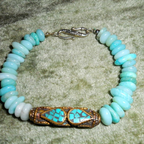 Bracelet "Rodéo", Amazonite, Perle tibétaine, Turquoise, Argent, Eté, Cadeau, Style ethnique, Gemmes, Bijoux bohèmes, Bijoux vintage, USA