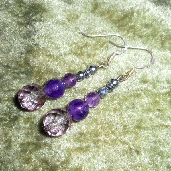 Boucles "Soho", Améthyste, Perles de verre de Bohème, Hématite argentée, Argent 925, Style bohème, Cadeau femme, Bijoux pierres fines, Gift