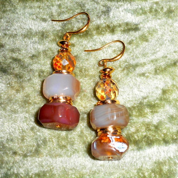 Boucles d'oreilles "Eos" Agate beige/marron, Plaqué or 22 carats, Cadeau, Boucles XXL, Boucles modernes, Boho, Gemmes, Style contemporain