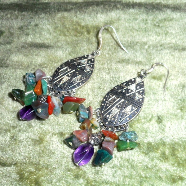Earrings "Nairobi", Silver 925, Amethyst and Indian Agate, Gemstones, Ethnic Jewelry, Afro Style, Fine Stones, Silver