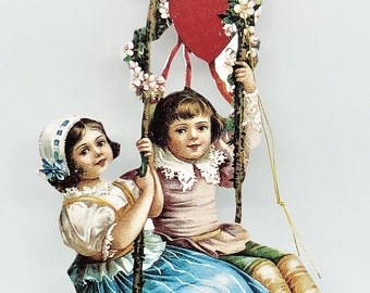Vintage VALENTINE CARD - Victorian Children on Swing -Hanging Diecut Decoration Mint Condition/Factory Sealed!