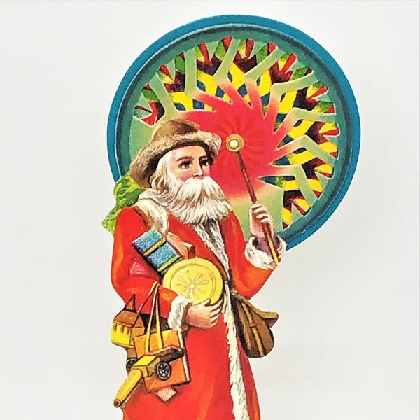 Vintage 3D Christmas Decoration Card SANTA With Moving-Color-Wheel PARASOL Stand to Display Easel Card Mint Condition Rare! Merrimack