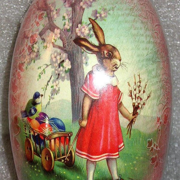 Vintage Paper Mache Easter Egg (4.5"x 3") GIRL BUNNY Factory-Sealed-Sanitary / MINT Condition - Made in Germany