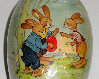 Vintage Easter Egg (6x4.5") BUNNIES PLAYING EGGBALL! Handmade in Germany/Decoupage-Mint Condition, Factory- Sealed, Sanitary! Perfect Gift!