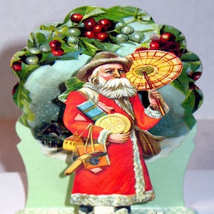 Vintage 3D Weihnachtskarte SANTA MIT PARASOL Stand zum Ausstellen Neuwertig selten! Merrimack Pulbishng Co