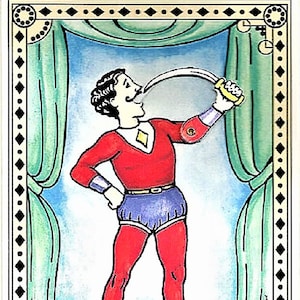 Tarjeta de felicitación mecánica victoriana SWORD SWALLOWER Circus Act MINT Condition Factory Sealed ¡Rara! Shackman