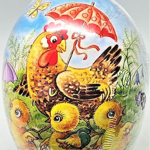 Uovo di Pasqua vintage (7"x5") PARASOL TRIPLET CHICKS Cartapesta fatto a mano in Germania! Condizioni perfette/Sigillato in fabbrica/Igienico - Bellissimo!