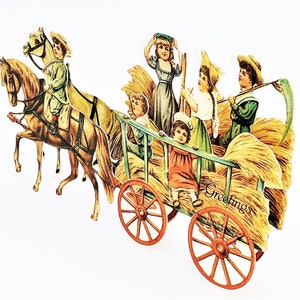 ¡Hermoso! Tarjeta navideña 3D vintage con caballo y carro de granja, decoración de mesa, expositor de pie, impecable, sellado de fábrica. Shackman