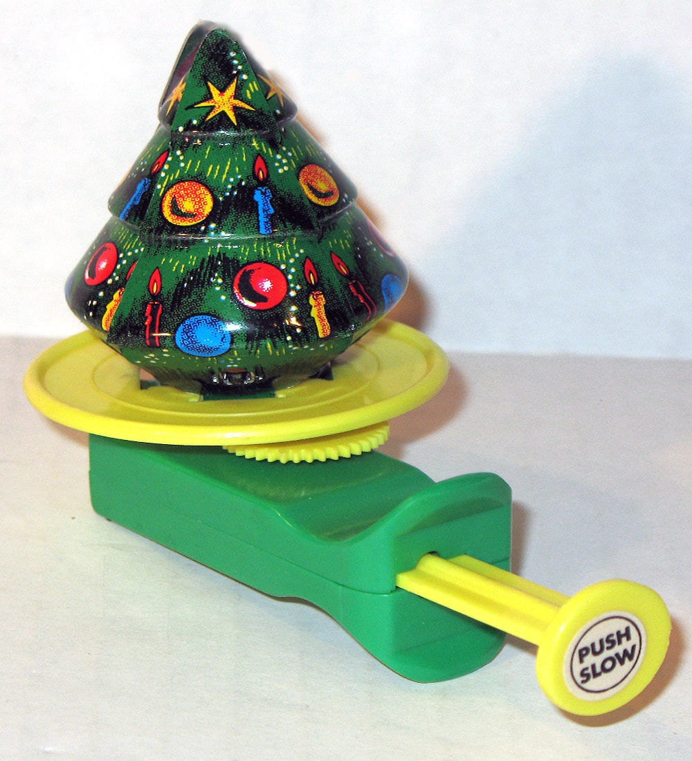 Vintage 1950's TIN LITHO Spinning Christmas Tree Push Toy