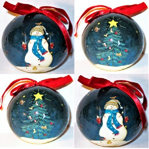 4 Vintage Decoupage SNOWMAN & CHRISTMAS Tree Ornament s MINT/Factory Sealed Rare and Beautiful Items! B.Shackman Co