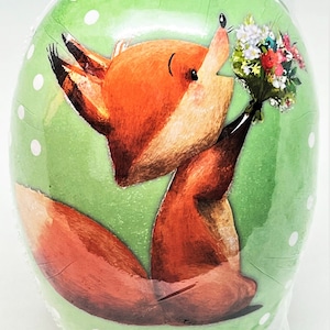 Vintage Easter Egg (4x3.5") FOX OFFERING BOUQUET! Factory-Sealed-Sanitary / Mint Condition - Perfect Holiday Tabletop Decor or Loving Gift!