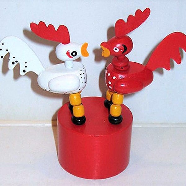 Vintage Wood POP UP TOY Cock-Fighting Rooster s aka "Dancing Roosters/Kissing Roosters" Mint Condition Shackman Company