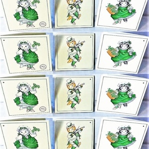 12 Vintage KITTY CUCUMBER St. Patrick's Day Geschenkanhänger Grußkarten Selten! Mint Zustand Fabrik versiegelt Merrimack Verlag