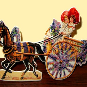Vintage 3D Standing EASTER DECORATION "Victorian Girls Driving Lilac Flowered Pony-Cart" Mint Condition/Factory Sealed Rare! Shackman