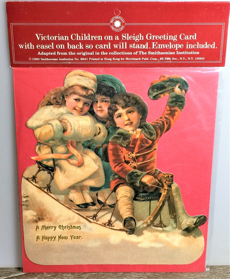 VICTORIAN CHRISTMAS DECORATION Children Sledding Standing Display Greeting Card Rare Mint/Sealed Merrimack image 1
