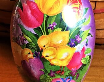 Vintage Paper Mache Easter Egg  (4.5x3"") TRIPLET CHICKS in TULIPS Mint Condition Factory Sealed Hand Made in Germany