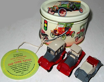 TIN LITHO BOX with 3 Classic Cars Mint Condition Shackman Company Toy