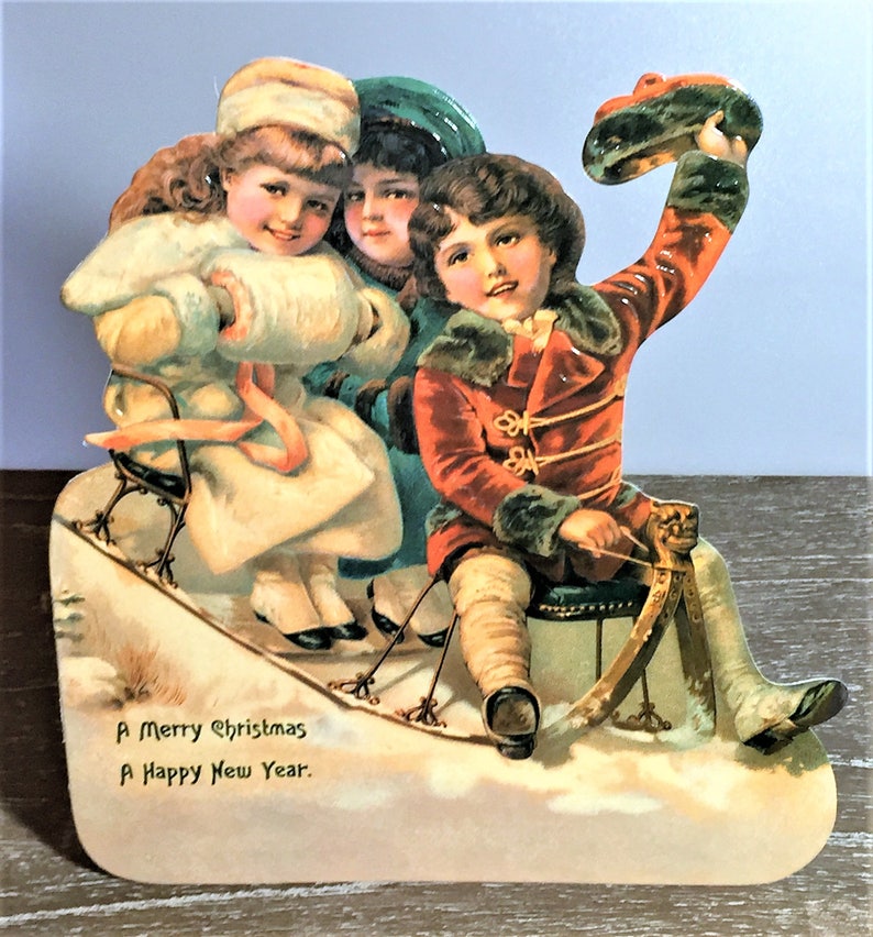 VICTORIAN CHRISTMAS DECORATION Children Sledding Standing Display Greeting Card Rare Mint/Sealed Merrimack image 2