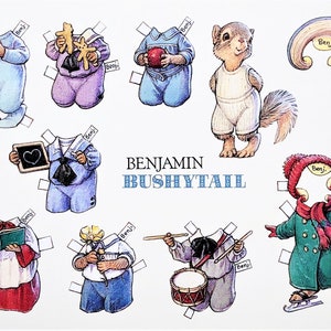 Benjamin BUSHYTAIL Squirrel PAPER DOLL Cartolina grande 7x6" Rara! Condizioni perfette Shackman Co.