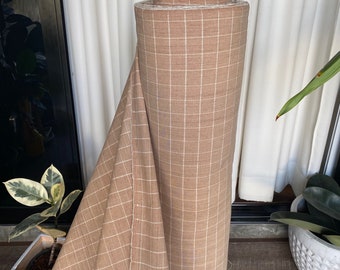Tan Plaid, Chom Tong ręcznie tkana rodzima bawełna, vintage brązowy odcień naturalnej i kremowej bawełny, ręcznie tkana bawełna, sprzedawana na metry