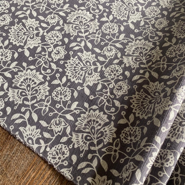 The Chiang Mai native cotton fabric, natural cotton ,Dark Grey and cream  printed, cotton batik, cotton textile, sell by the yards