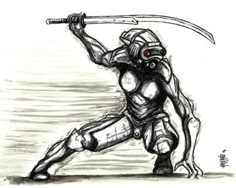 original artwork ink drawing cyberpunk - ninja cyborg - @Méka - drepth