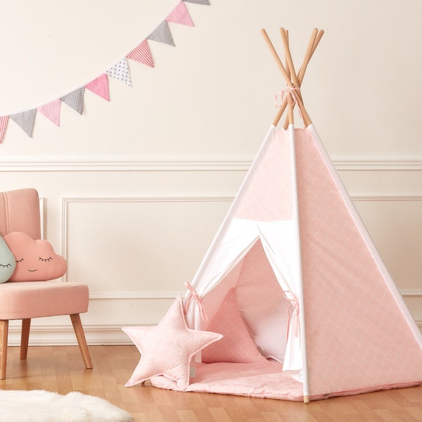 KraftKids Spielzelt Tipi Teepee Uniweiss weiße Halbkreise auf Pastelrosa inkl. Spielmatte, inkl. Spielmatte und 2 Sternkissen