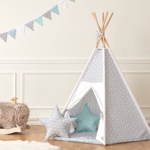 KraftKids play tent Tipi Arrow Teepee white arrows on gray plain white including play mat, including play mat and 2 star cushions image 1