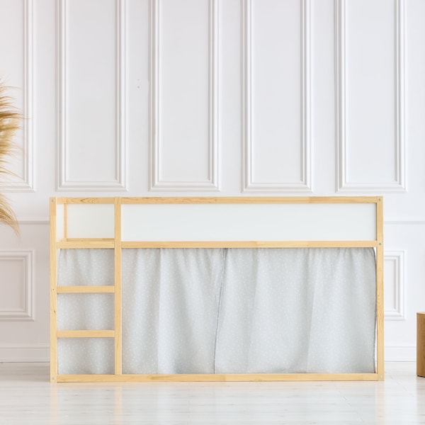 Ensemble de rideaux pour lit mezzanine KraftKids 2+1 pissenlits gris mousseline adaptés au lit Kura