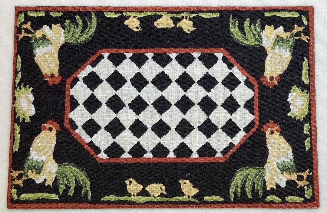 Rooster Rug With Checkered Center - Etsy