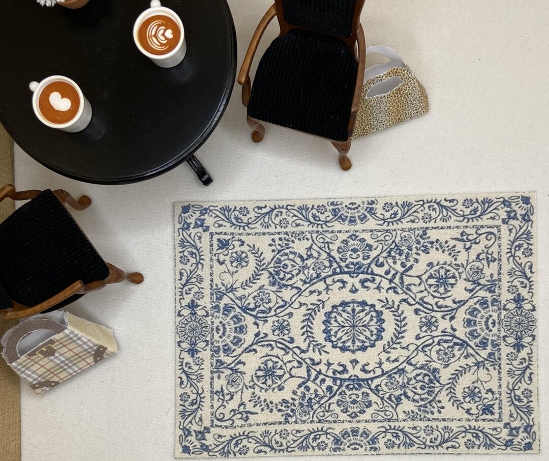 Dollhouse Miniature Blue Floral Rug - Etsy