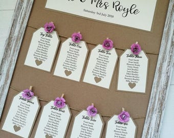 A3 framed vintage rose design wedding table plan / seating plan kraft tag peg