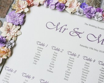 A3 floral frame vintage wedding table plan / seating plan