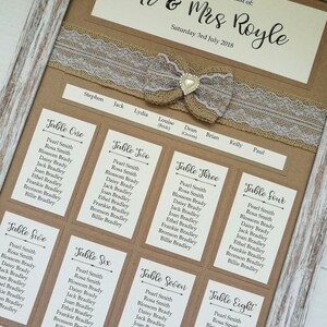 May include: A rustic wedding seating chart with a burlap and lace design. The chart lists the names of guests assigned to each table, with the table numbers written in cursive. The chart is framed in a light wood frame.
