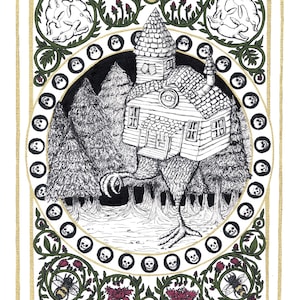 Baba Yaga Art Print – Slavic Folklore Witch House Illustration – Dark Forest Fine Art Print – Occult Wall Decor – Mythical Ink Drawing