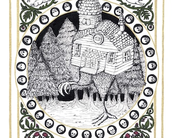 Lámina artística de Baba Yaga – Ilustración de la casa de la bruja del folclore eslavo – Lámina artística del Bosque Oscuro – Decoración de pared ocultista – Dibujo mítico a tinta