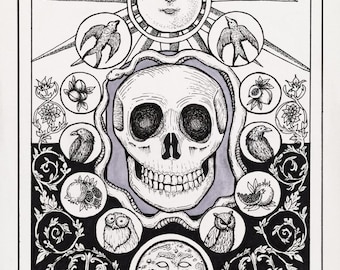Skull Art Print – Symbolic Anatomy Illustration – Mystical Gothic Wall Art – Hand Drawn Skull Drawing – Occult Fine Line Print