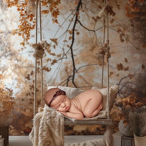 May include: A newborn baby girl sleeps peacefully on a swing made of wood and rope, surrounded by a cream-colored knitted blanket and a brown pillow. The background features a rustic wall with a brown and white painted design of branches and leaves.