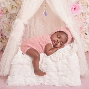 Handmade Newborn Knit Romper with Matching Bonnet - White Pearls