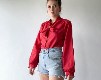 vintage darker red button down blouse with neck bow