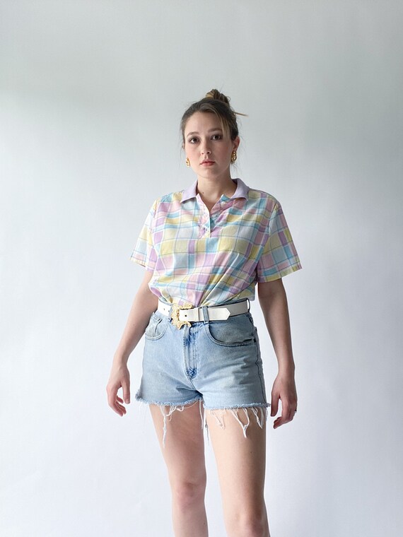 vintage 1980s pastel plaid easter egg polo