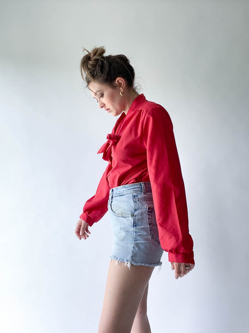 vintage darker red button down blouse with neck bow