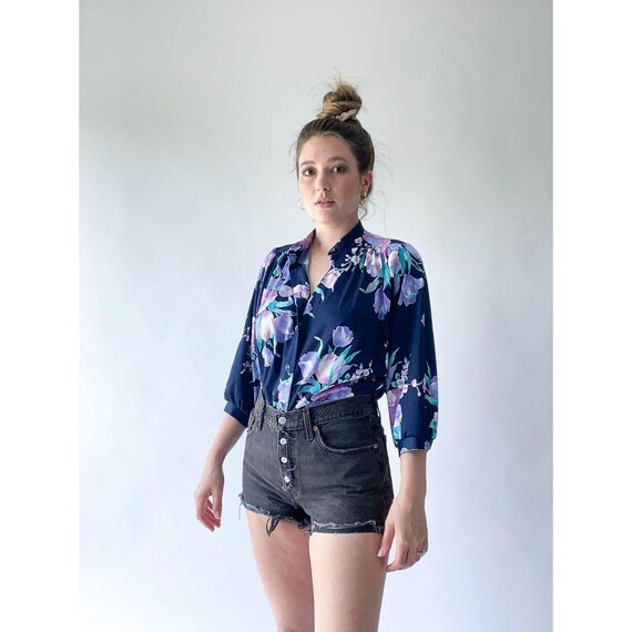 navy and purple floral button down blouse