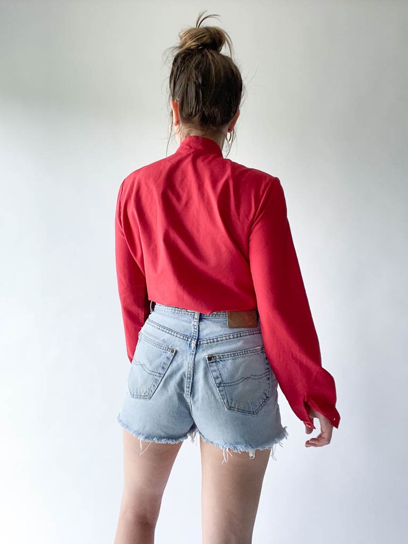 vintage darker red button down blouse with neck bow