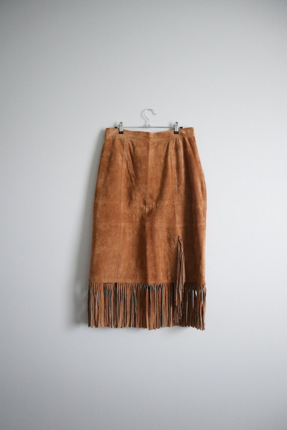 vintage tan suede leather fringe midi skirt