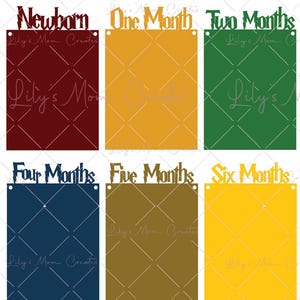 May include: Six printable cards with a Harry Potter theme for a baby's monthly milestones. The cards are in different colors and feature the text "Newborn", "One Month", "Two Months", "Four Months", "Five Months", and "Six Months".